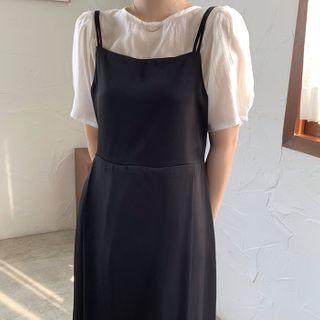 Plain Puff-sleeve Blouse / Midi Pinafore Dress