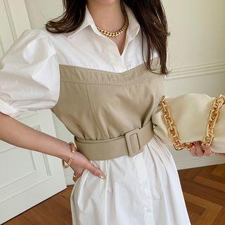 Two-tone Belted Long Shirtdress Ivory - One Size