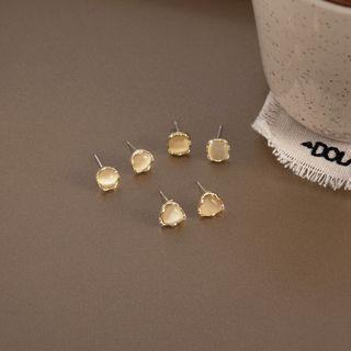 Set Of 3: Sterling Silver Cat Eye Stone Stud Earring Set Of 3 Pairs - Yellow - One Size