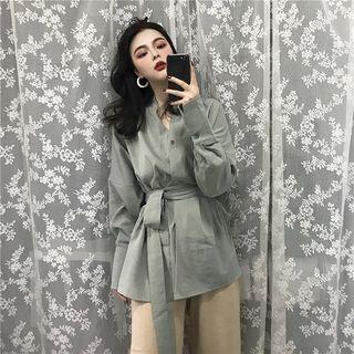 Plain V-neck Lace-up Long-sleeve Blouse Green - One Size