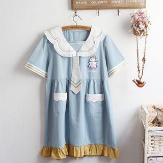 Short-sleeve Collar Mini A-line Dress Light Blue - One Size
