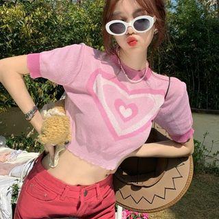 Short-sleeve Heart Jacquard Cropped Knit Top