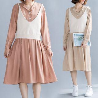 Set: Plain Midi Shirtdress + Knit Camisole Top