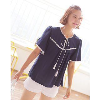 Tassel-neck Perforated-trim Top