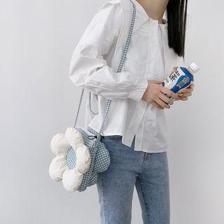 Gingham Panel Flower Crossbody Bag Gingham - Blue - One Size