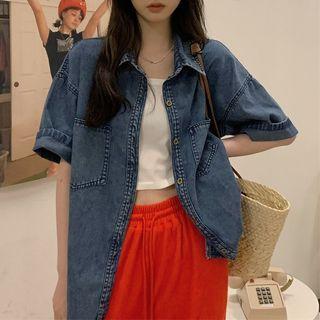 Short-sleeve Pocket Detail Denim Shirt Denim Shirt - Denim Blue - One Size