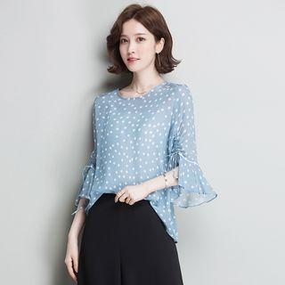 Bell 3/4-sleeve Dotted Chiffon Blouse