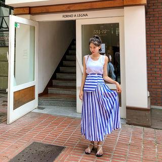 Flap-front Stripe A-line Maxi Skirt