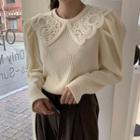 Puff Sleeve Lace Collar Corduroy Blouse Almond - One Size
