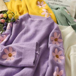 Flower-embroidered Knit Sweater