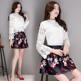 Set: Lace Long-sleeve Top + Goldfish Print A-line Skirt