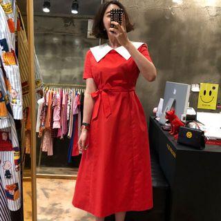 Short-sleeve A-line Midi Dress Red - One Size
