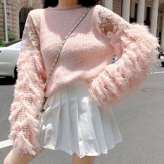 Set: Long-sleeve Feather-accent Sweater + Mini A-line Pleated Skirt