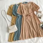 Floral Square-neck Lace-up Short-sleeve Dress