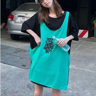 3/4-sleeve Letter T-shirt / Letter Knit Vest