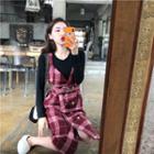 Plain Long-sleeve Top / Check Jumper Dress / Check Cardigan