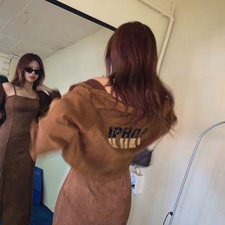 Glittered-letter Faux-suede Cropped Jacket