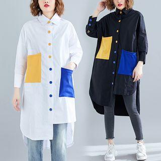Long-sleeve Asymmetric Color Block Shirt