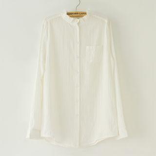 Long-sleeved Stand Collar Frill Plain Blouse