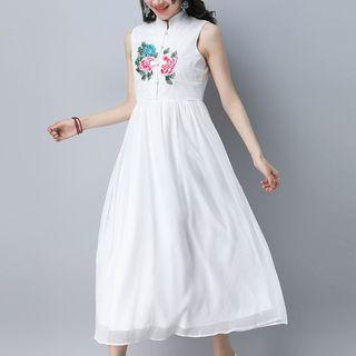 Sleeveless Floral Embroidery A-line Midi Dress