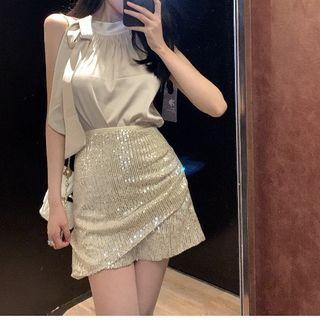 Sleeveless Halter Neck Top / Sequined Mini Pencil Skirt