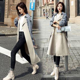 Denim Panel Double-breasted Midi Trench Coat