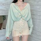 Mock Two-piece Long-sleeve Twist-front T-shirt / Fitted Lace-up Mini Skirt