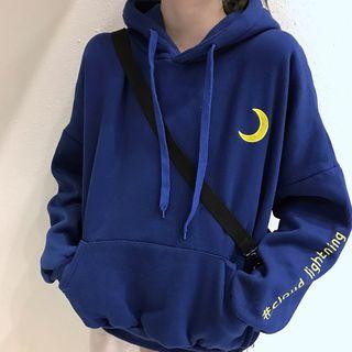 Moon Embroidery Hoodie Dark Blue - One Size