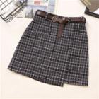 Belted Plaid Wrap Mini A-line Skirt