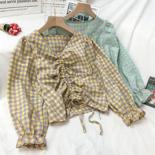 Plaid Drawstring Bell-sleeve Cropped Blouse