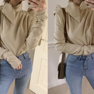 Scarf-neck Puff-shoulder Blouse Black - One Size