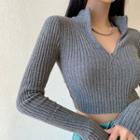 Long-sleeve Mock-neck Half-zip Knit Crop Top