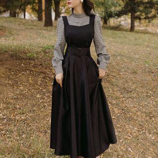 Set: Square-neck Vest + Plaid Blouse + Midi A-line Skirt