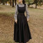 Set: Square-neck Vest + Plaid Blouse + Midi A-line Skirt