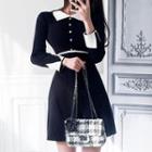 Long-sleeve Collared A-line Knit Mini Dress
