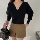 Mutton-sleeve V-neck Cropped Knit Top