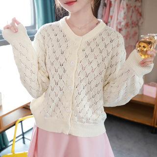 Pastel-color Stripe Pointelle-knit Cardigan