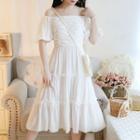 Puff-sleeve Crinkled A-line Dress