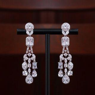 Wedding Rhinestone Fringed Earring Silver - One Size