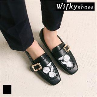 Faux-leather Flower-embroidered Loafers