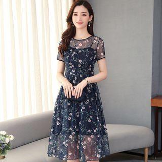 Floral Print Short-sleeve Midi A-line Mesh Dress