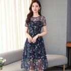 Floral Print Short-sleeve Midi A-line Mesh Dress