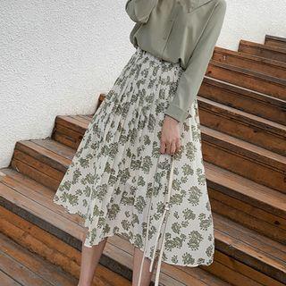 Midi Floral A-line Pleated Skirt Ash Green - One Size