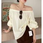 Long-sleeve Off-shoulder Plain Top Light Yellow - One Size