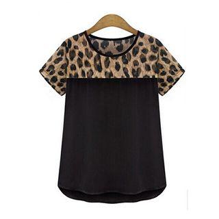Leopard Print Panel Short-sleeve Top