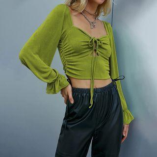 Long-sleeve Square Neck Drawstring Velvet Cropped T-shirt