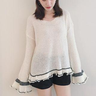 V-neck Ruffle Trim Sweater