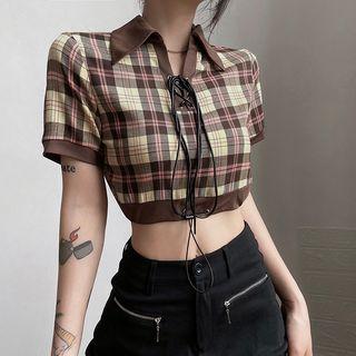 Short-sleeve Plaid Crop Polo Shirt