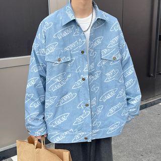 Lettering Print Oversized Shirt Jacket