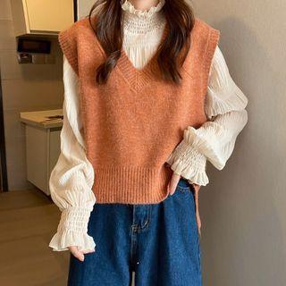 Long-sleeve Mock-neck Frill Trim Top / Sweater Vest